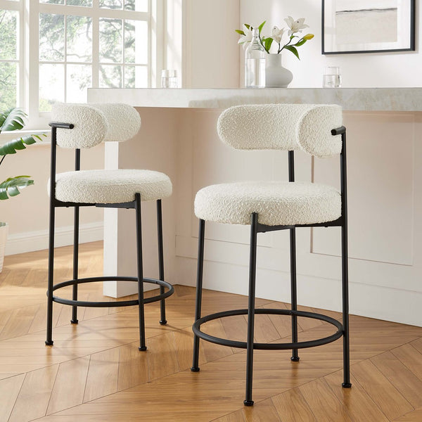 Modway Furniture Albie Boucle Fabric Counter Stools Set of 2 - Chic Ergonomic Design for Modern Dining Comfort Ivory Black EEI-6518-IVO-BLK