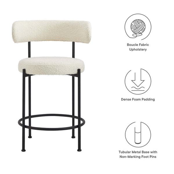 Modway Furniture Albie Boucle Fabric Counter Stools Set of 2 - Chic Ergonomic Design for Modern Dining Comfort Ivory Black EEI-6518-IVO-BLK
