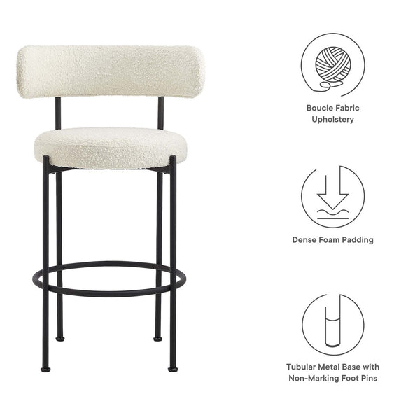 Modway Furniture Albie Boucle Bar Stools Set of 2 - Modern Comfort with Stylish Design for Kitchen & Dining Spaces EEI-6520-IVO-BLK