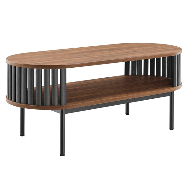 Modway Furniture Fortitude Wood Coffee Table - Sleek Oval Design with Open Timber Slat Sides for Modern Living Spaces Walnut Black EEI-6525-WAL-BLK