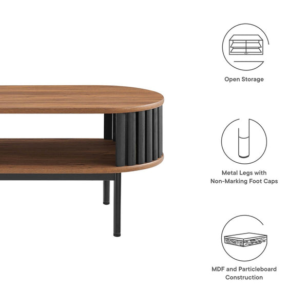 Modway Furniture Fortitude Wood Coffee Table - Sleek Oval Design with Open Timber Slat Sides for Modern Living Spaces Walnut Black EEI-6525-WAL-BLK
