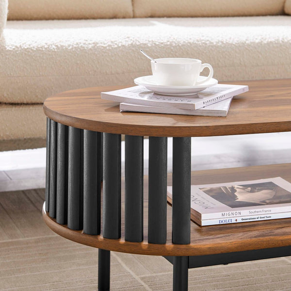 Modway Furniture Fortitude Wood Coffee Table - Sleek Oval Design with Open Timber Slat Sides for Modern Living Spaces Walnut Black EEI-6525-WAL-BLK