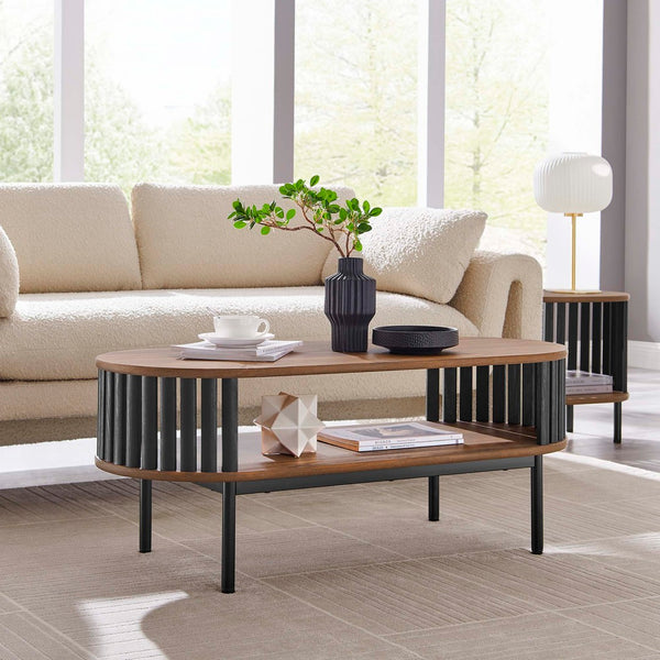Modway Furniture Fortitude Wood Coffee Table - Sleek Oval Design with Open Timber Slat Sides for Modern Living Spaces Walnut Black EEI-6525-WAL-BLK