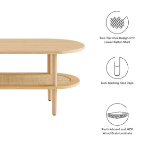 Modway Furniture Torus Oval Coffee Table – Modern Rustic Centerpiece with Rattan Shelf for Stylish Living Spaces Oak EEI-6526-OAK