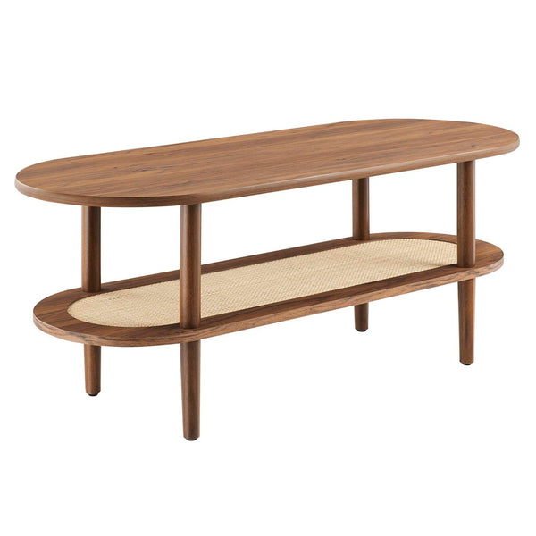 Modway Furniture Torus Oval Coffee Table – Modern Rustic Centerpiece with Rattan Shelf for Stylish Living Spaces Walnut EEI-6526-WAL
