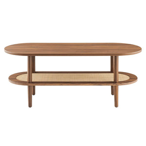 Modway Furniture Torus Oval Coffee Table – Modern Rustic Centerpiece with Rattan Shelf for Stylish Living Spaces Walnut EEI-6526-WAL