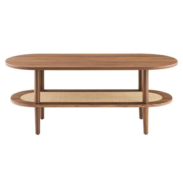Modway Furniture Torus Oval Coffee Table – Modern Rustic Centerpiece with Rattan Shelf for Stylish Living Spaces Walnut EEI-6526-WAL
