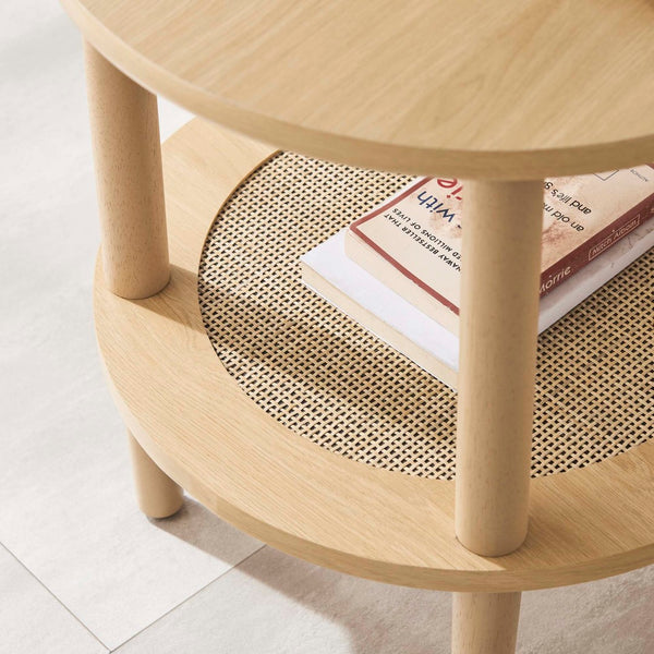 Modway Furniture Torus Round Side Table - Stylish Modern Design with Rattan Shelf for Living Room or Bedroom Use Oak EEI-6527-OAK