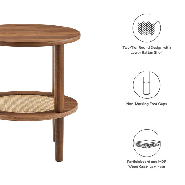 Modway Furniture Torus Round Side Table - Stylish Modern Design with Rattan Shelf for Living Room or Bedroom Use Walnut EEI-6527-WAL