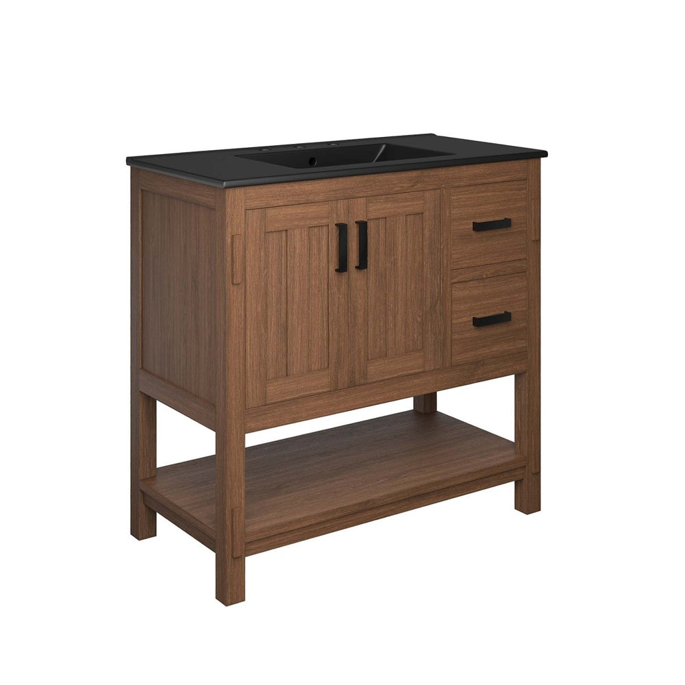 Modway Furniture Ashlyn 36" Mid-Century Modern Wood Bathroom Vanity with Integrated Sink and Ample Storage Space Walnut Black EEI-6535-WAL-BLK