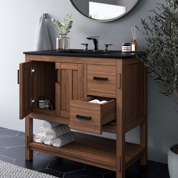 Modway Furniture Ashlyn 36" Mid-Century Modern Wood Bathroom Vanity with Integrated Sink and Ample Storage Space Walnut Black EEI-6535-WAL-BLK