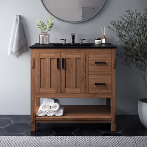 Modway Furniture Ashlyn 36" Mid-Century Modern Wood Bathroom Vanity with Integrated Sink and Ample Storage Space Walnut Black EEI-6535-WAL-BLK