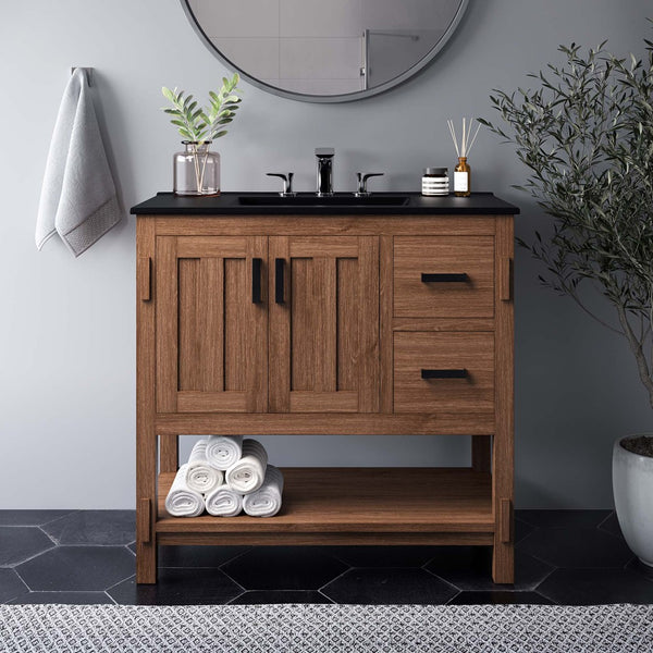 Modway Furniture Ashlyn 36" Mid-Century Modern Wood Bathroom Vanity with Integrated Sink and Ample Storage Space Walnut Black EEI-6535-WAL-BLK