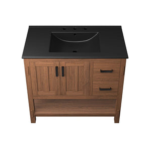 Modway Furniture Ashlyn 36" Mid-Century Modern Wood Bathroom Vanity with Integrated Sink and Ample Storage Space Walnut Black EEI-6535-WAL-BLK