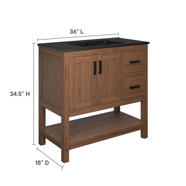 Modway Furniture Ashlyn 36" Mid-Century Modern Wood Bathroom Vanity with Integrated Sink and Ample Storage Space Walnut Black EEI-6535-WAL-BLK