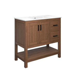Modway Furniture Ashlyn 36" Mid-Century Modern Wood Bathroom Vanity with Integrated Sink and Ample Storage Space Walnut White EEI-6535-WAL-WHI