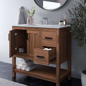 Modway Furniture Ashlyn 36" Mid-Century Modern Wood Bathroom Vanity with Integrated Sink and Ample Storage Space Walnut White EEI-6535-WAL-WHI