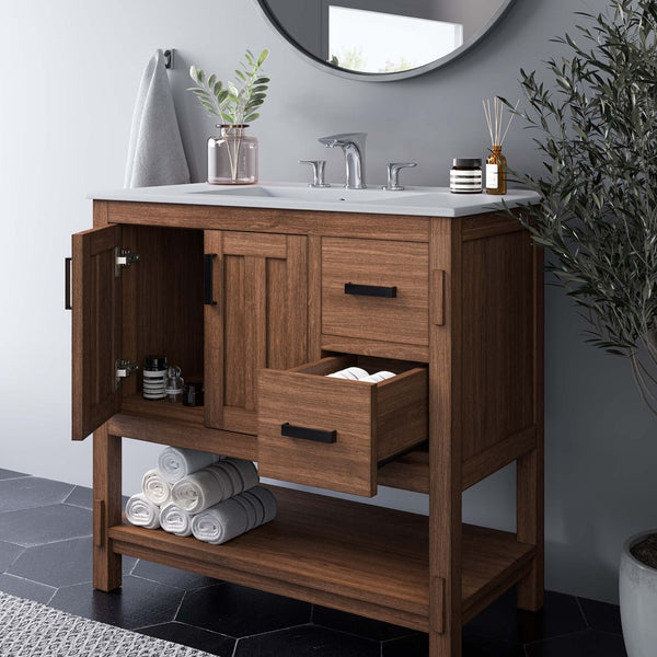 Modway Furniture Ashlyn 36" Mid-Century Modern Wood Bathroom Vanity with Integrated Sink and Ample Storage Space Walnut White EEI-6535-WAL-WHI