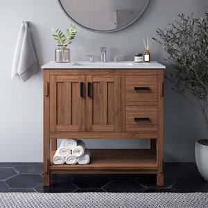 Modway Furniture Ashlyn 36" Mid-Century Modern Wood Bathroom Vanity with Integrated Sink and Ample Storage Space Walnut White EEI-6535-WAL-WHI