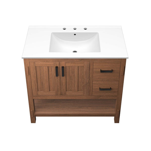Modway Furniture Ashlyn 36" Mid-Century Modern Wood Bathroom Vanity with Integrated Sink and Ample Storage Space Walnut White EEI-6535-WAL-WHI