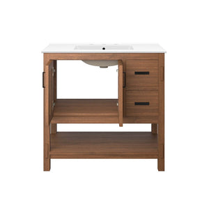 Modway Furniture Ashlyn 36" Mid-Century Modern Wood Bathroom Vanity with Integrated Sink and Ample Storage Space Walnut White EEI-6535-WAL-WHI