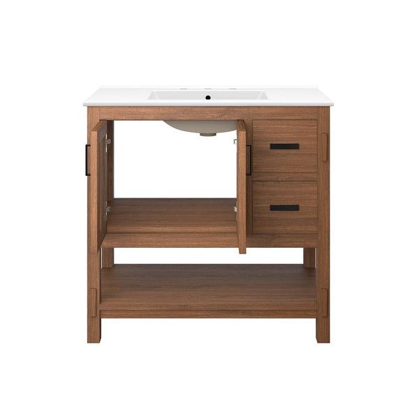 Modway Furniture Ashlyn 36" Mid-Century Modern Wood Bathroom Vanity with Integrated Sink and Ample Storage Space Walnut White EEI-6535-WAL-WHI