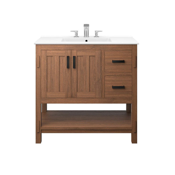 Modway Furniture Ashlyn 36" Mid-Century Modern Wood Bathroom Vanity with Integrated Sink and Ample Storage Space Walnut White EEI-6535-WAL-WHI