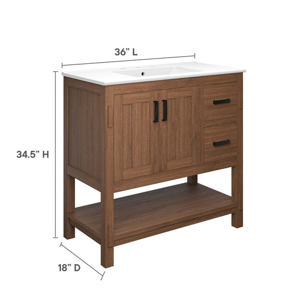 Modway Furniture Ashlyn 36" Mid-Century Modern Wood Bathroom Vanity with Integrated Sink and Ample Storage Space Walnut White EEI-6535-WAL-WHI
