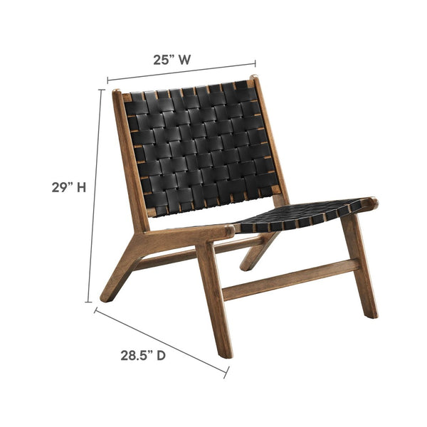 Modway Furniture Saoirse Leather Wood Accent Lounge Chair - Stylish Comfort with Handwoven Detailing for Modern Spaces Walnut Black EEI-6542-WAL-BLK