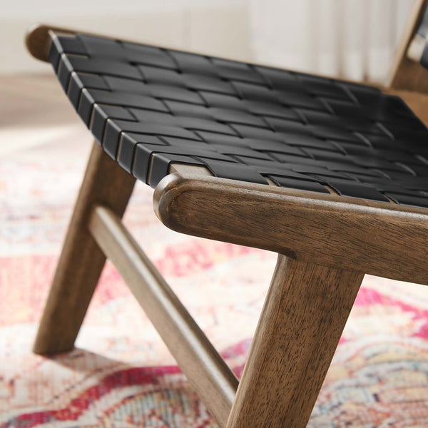 Modway Furniture Saoirse Leather Wood Accent Lounge Chair - Stylish Comfort with Handwoven Detailing for Modern Spaces Walnut Black EEI-6542-WAL-BLK