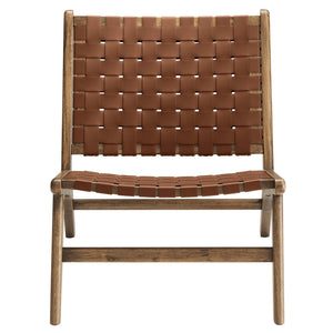 Modway Furniture Saoirse Leather Wood Accent Lounge Chair - Stylish Comfort with Handwoven Detailing for Modern Spaces Walnut Brown EEI-6542-WAL-BRN