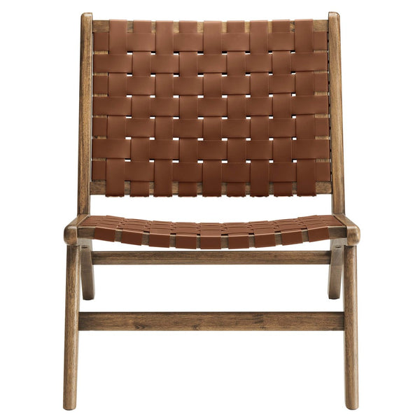 Modway Furniture Saoirse Leather Wood Accent Lounge Chair - Stylish Comfort with Handwoven Detailing for Modern Spaces Walnut Brown EEI-6542-WAL-BRN