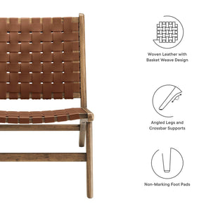 Modway Furniture Saoirse Leather Wood Accent Lounge Chair - Stylish Comfort with Handwoven Detailing for Modern Spaces Walnut Brown EEI-6542-WAL-BRN