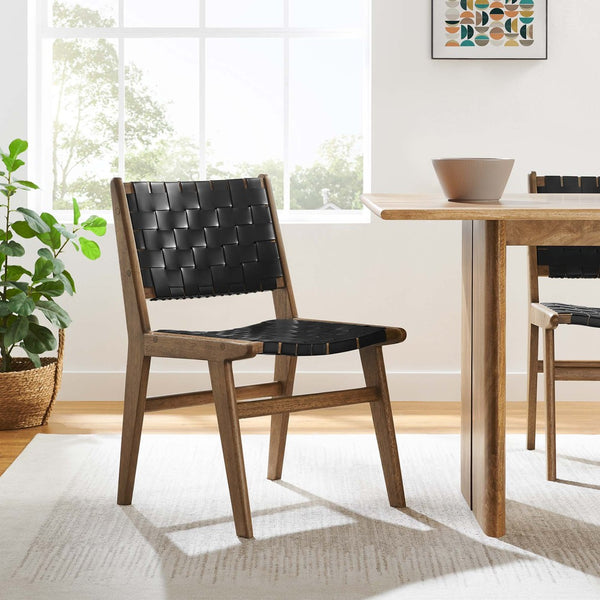 Modway Furniture Saoirse Leather Wood Dining Side Chair Set of 2 - Stylish Comfort for Modern Living Spaces Walnut Black EEI-6544-WAL-BLK