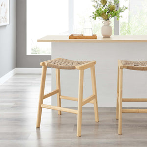 Modway Furniture Saoirse Woven Rope Counter Stool Set of 2 - Modern Rubberwood Stools for Kitchen or Bar Use Natural Natural EEI-6548-NAT-NAT