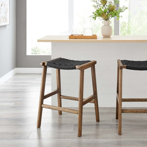 Modway Furniture Saoirse Woven Rope Counter Stool Set of 2 - Modern Rubberwood Stools for Kitchen or Bar Use Walnut Black EEI-6548-WAL-BLK