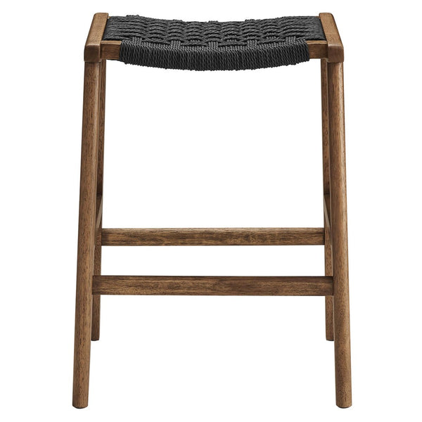 Modway Furniture Saoirse Woven Rope Counter Stool Set of 2 - Modern Rubberwood Stools for Kitchen or Bar Use Walnut Black EEI-6548-WAL-BLK