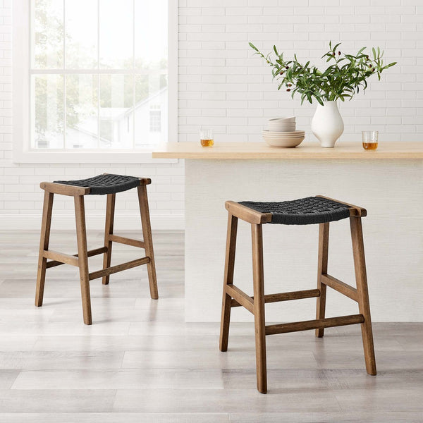Modway Furniture Saoirse Woven Rope Counter Stool Set of 2 - Modern Rubberwood Stools for Kitchen or Bar Use Walnut Black EEI-6548-WAL-BLK