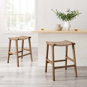 Modway Furniture Saoirse Woven Rope Counter Stool Set of 2 - Modern Rubberwood Stools for Kitchen or Bar Use Walnut Natural EEI-6548-WAL-NAT