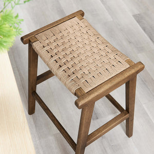 Modway Furniture Saoirse Woven Rope Counter Stool Set of 2 - Modern Rubberwood Stools for Kitchen or Bar Use Walnut Natural EEI-6548-WAL-NAT