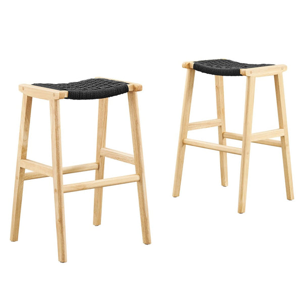 Modway Furniture Saoirse Woven Rope Bar Stool Set of 2 – Stylish Rubberwood Frame for Modern Kitchen & Home Use Natural Black EEI-6550-NAT-BLK