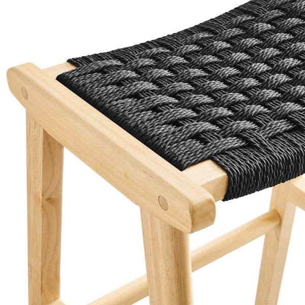 Modway Furniture Saoirse Woven Rope Bar Stool Set of 2 – Stylish Rubberwood Frame for Modern Kitchen & Home Use Natural Black EEI-6550-NAT-BLK