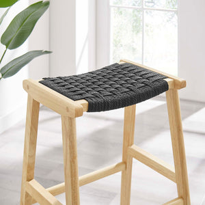 Modway Furniture Saoirse Woven Rope Bar Stool Set of 2 – Stylish Rubberwood Frame for Modern Kitchen & Home Use Natural Black EEI-6550-NAT-BLK
