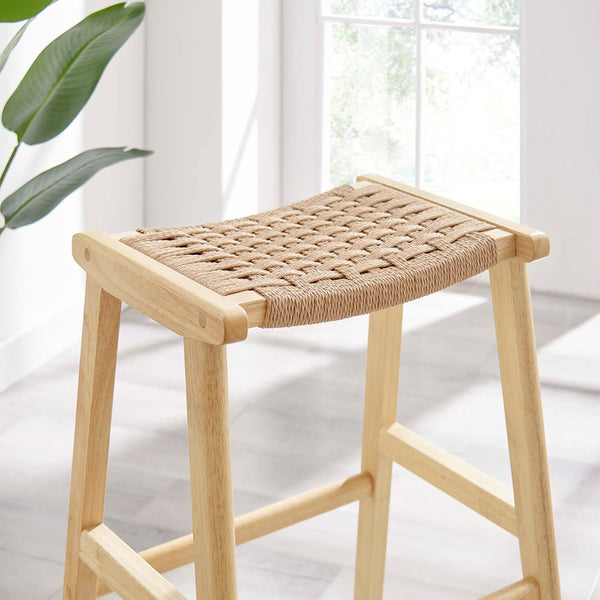 Modway Furniture Saoirse Woven Rope Bar Stool Set of 2 – Stylish Rubberwood Frame for Modern Kitchen & Home Use Natural Natural EEI-6550-NAT-NAT