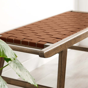 Modway Furniture Saoirse 47" Faux Leather Wood Bench - Stylish Modern Entryway Seating with Durable Rubberwood Frame EEI-6551-WAL-BRN