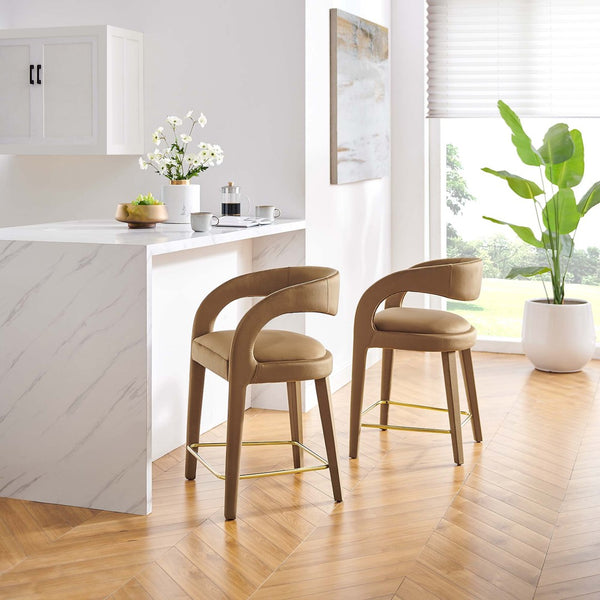 Modway Furniture Pinnacle Performance Velvet Counter Stool Set of 2 - Luxurious Comfort for Kitchen or Dining Spaces EEI-6566-BRN-GLD