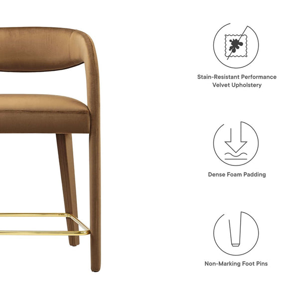 Modway Furniture Pinnacle Performance Velvet Counter Stool Set of 2 - Luxurious Comfort for Kitchen or Dining Spaces EEI-6566-BRN-GLD