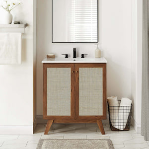 Modway Furniture Soma 30" Bathroom Vanity Cabinet - Stylish Walnut Design with Rattan Weave & Brushed-Gold Accents EEI-6587-WAL
