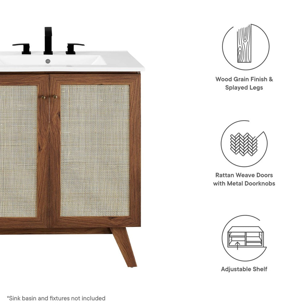 Modway Furniture Soma 30" Bathroom Vanity Cabinet - Stylish Walnut Design with Rattan Weave & Brushed-Gold Accents EEI-6587-WAL