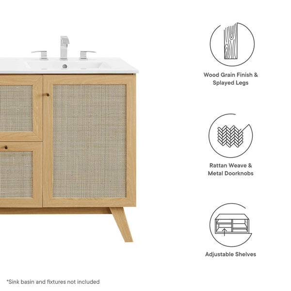 Modway Furniture Soma 48" Modern Bathroom Vanity Cabinet with Rattan Texture, Soft-Close Doors & Gold Accents Oak EEI-6589-OAK